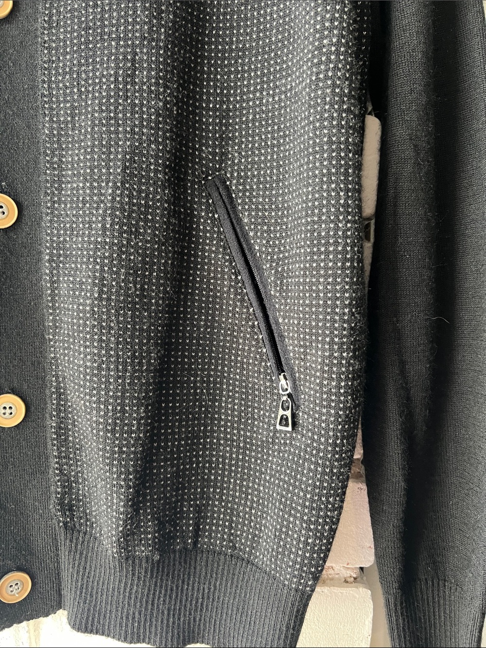50% merino wool Black Button-Up Knit Cardigan with Zipper Pockets and mockneck - Picture 5 of 7